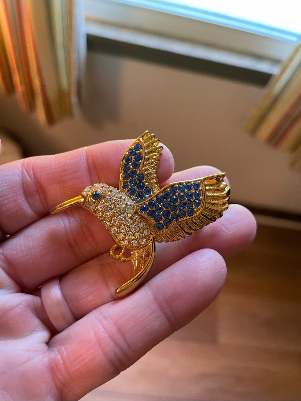 Gold Tone Blue & Clear Crystal Hummingbird Brooch - Brand Unspecified